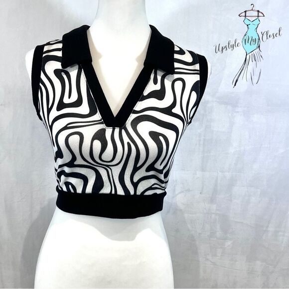 Black and white retro abstract print vneck crop knit tank size small - Picture 2 of 8